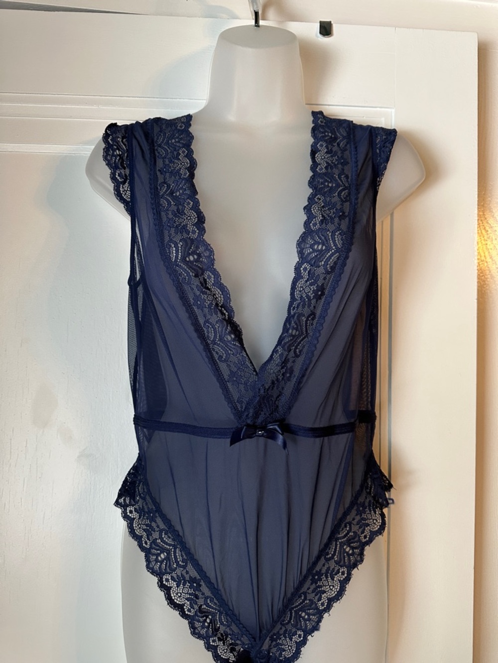 Adore Me Navy Lace Plunge Teddy